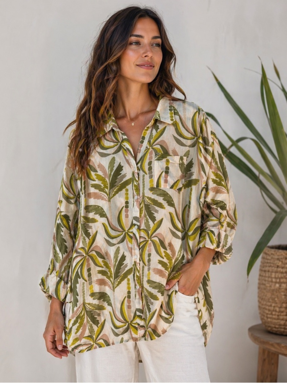 Women’s Lightweight Button-Up Top in Olive & Beige Leaf Print